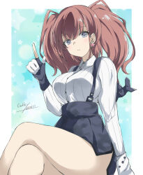 1girl anchor_hair_ornament artist_name atlanta_(kancolle) blue_background breasts brown_hair crossed_legs dated dress_shirt earrings gakky gloves gradient_background grey_eyes hair_ornament high-waist_skirt highres index_finger_raised jewelry kantai_collection large_breasts long_hair long_sleeves partially_fingerless_gloves shirt sitting skirt solo star_(symbol) star_earrings suspender_skirt suspenders two_side_up white_background white_shirt
