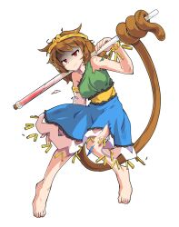 1girl alphes_(style) barefoot blue_dress blush breasts brown_hair circlet closed_mouth commentary_request dairi dress full_body furrowed_brow green_dress large_variant_set long_hair low_twintails medium_breasts monkey_tail multicolored_dress parody red_eyes shaded_face smile solo son_biten style_parody sweatdrop tachi-e tail test_tube torn_clothes torn_dress touhou transparent_background twintails variant_set yellow_dress