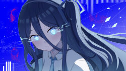 1girl absurdres aqua_eyes aqua_halo aqua_necktie aris_(blue_archive) blue_archive blue_background blue_hair blue_hairband blush chinese_commentary closed_mouth collared_shirt colored_smoke commentary_request doodle_background double-parted_bangs flaming_eyes floating_hair glowing glowing_eyes hair_between_eyes hairband halo head_tilt highres light_particles liu_qi_seis long_bangs long_hair long_hair_between_eyes long_sidelocks looking_at_viewer necktie nose_shade one_side_up portrait rectangular_halo shirt sidelocks smile smoke solo sound_wave split_mouth very_long_hair white_shirt