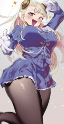 1girl absurdres black_pantyhose blonde_hair blue_shirt blue_skirt blush breasts capcom_fighting_jam commentary cowboy_shot gloves hairpods highres ingrid_(capcom) long_hair looking_at_viewer medium_breasts open_mouth pantyhose red_eyes ribbon sato_one1 shirt skirt solo street_fighter thighs white_background white_gloves white_hair