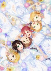 6+girls :d ;d blonde_hair brown_eyes brown_hair closed_mouth dress eda_udon flower from_above green_eyes hair_between_eyes hair_flower hair_ornament highres holding_hands interlocked_fingers inubouzaki_fuu inubouzaki_itsuki jewelry long_hair lying miyoshi_karin multiple_girls necklace nogi_sonoko on_back one_eye_closed open_mouth pendant pink_flower red_eyes red_hair short_hair short_sleeves sidelocks smile sundress tougou_mimori very_long_hair wet wet_clothes wet_dress white_dress yellow_flower yuuki_yuuna yuuki_yuuna_wa_yuusha_de_aru yuusha_de_aru