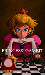 1girl 1up blue_hair brooch chess_piece chessboard crown dress earrings fire_flower gloves highres jewelry looking_at_viewer mario_(series) mini_crown nintendo parody parted_lips pearl_earrings pink_dress princess_peach sanchezisfine solo sphere_earrings super_mushroom super_star_(mario) the_queen&#039;s_gambit the_super_mario_bros._movie voice_actor_connection white_gloves