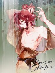 1boy brown_kimono closed_mouth genshin_impact green_background green_eyes hair_between_eyes highres japanese_clothes kimono long_hair long_sleeves looking_at_viewer male_focus mitterfly mole mole_under_eye multicolored_hair nipples open_clothes open_shirt red_hair shikanoin_heizou smile solo streaked_hair