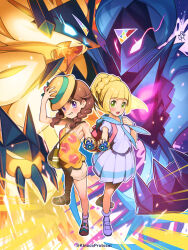 2girls beast_ball gen_7_pokemon highres kinocopro legendary_pokemon lillie_(pokemon) multiple_girls necrozma necrozma_(dawn_wings) necrozma_(dusk_mane) nintendo poke_ball pokemon pokemon_(creature) pokemon_usum ponytail selene_(pokemon)