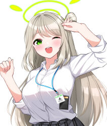 1girl ;d blonde_hair blue_archive buttons collared_shirt commentary_request green_eyes green_halo grey_skirt halo hand_on_own_head hand_up highres hoshino_reiji id_card lanyard light_blush looking_at_viewer nonomi_(blue_archive) one_eye_closed open_mouth plaid_clothes plaid_skirt shirt shirt_tucked_in sidelocks skirt sleeves_rolled_up smile solo teeth upper_teeth_only white_background white_shirt