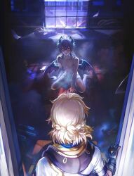 2boys albedo_(genshin_impact) backlighting between_legs black_gloves blonde_hair completely_nude crossed_bangs doorway dragon_boy dragon_wings facing_another from_behind from_outside genshin_impact gloves hair_between_eyes half_updo hand_between_legs highres hood hood_down horns indoors looking_at_another low_wings male_focus mini_durin_(genshin_impact) mini_durin_(human)_(genshin_impact) multiple_boys nude on_floor parted_lips red_eyes sitting smoke spoilers thijikoy wariza wide-eyed window wings