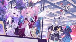 1boy 6+girls ;o anaxa_(honkai:_star_rail) anger_vein animal_ears aqua_eyes aqua_hair bag black_coat black_skirt book cipher_(honkai:_star_rail) coat dress flying green_hair grey_hair head_wreath highres holding holding_book honkai:_star_rail honkai_(series) indoors long_hair mao_(expuella) multicolored_hair multiple_girls one_eye_closed pink_hair pointy_ears purple_eyes purple_hair raccoon_ears raccoon_tail rappa_(honkai:_star_rail) red_dress red_hair shirt short_hair shoulder_bag skirt stelle_(honkai:_star_rail) tail trailblazer_(honkai:_star_rail) trianne_(honkai:_star_rail) tribbie_(honkai:_star_rail) trinnon_(honkai:_star_rail) triplets twintails two-tone_hair white_dress white_shirt winged_boots yellow_eyes