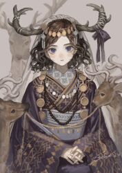 1girl absurdres animal_hood antlers blue_bow blue_eyes blue_kimono bow brown_hair curly_hair deer deer_antlers deer_girl grey_background hair_ornament highres hood horns japanese_clothes jewelry kimono light_blush long_sleeves looking_at_viewer medium_hair necklace original own_hands_together pale_skin parted_bangs parted_lips patterned_clothing rope sayoko_(sayosny2) serious signature simple_background sitting solo straight-on upper_body wide_sleeves
