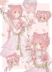 1girl artist_request blunt_bangs blush border bracelet branch brooch brown_eyes cherry_blossoms chibi chinese_clothes chinese_commentary choker closed_mouth collarbone commentary_request cone_hair_bun cowboy_shot cropped_legs double_bun dress expressionless floral_print flower flower_bracelet flower_brooch green_ribbon hair_bun hair_flower hair_ornament happy head_only holding holding_branch jewelry lantern lips long_dress long_hair looking_at_object low_ponytail multiple_views neck_flower nikki_(nikki) nikki_(series) open_mouth outline outside_border paper_lantern parted_lips peach_branch_dream_(shining_nikki) petals pink_background pink_choker pink_dress pink_flower pink_hair pink_lips pink_theme pink_wrist_cuffs pleated_dress pom_pom_(clothes) pom_pom_hair_ornament ponytail ribbon second-party_source see-through_clothes see-through_wrist_cuffs shining_nikki single_stripe smile striped_choker two-tone_choker very_long_hair white_border white_choker white_outline wrist_cuffs