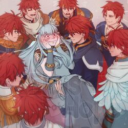 1girl 6+boys alternate_form armlet blue_dress blush bracelet cape carrying closed_eyes dress eliwood_(fire_emblem) eliwood_(groom)_(fire_emblem) eliwood_(marquess_pherae)_(fire_emblem) eliwood_(pledged_friend)_(fire_emblem) eliwood_(resplendent)_(fire_emblem) eliwood_(valentine)_(fire_emblem) elpisofhope embarrassed fire_emblem fire_emblem:_the_blazing_blade fire_emblem_heroes hands_on_own_face highres jewelry long_hair looking_at_another multiple_boys ninian_(fire_emblem) nintendo official_alternate_costume open_mouth princess_carry red_eyes red_hair smile wide-eyed
