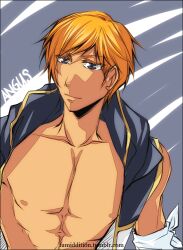 1boy blonde_hair champion_(ragnarok_online) closed_mouth coat commentary english_commentary fumiddition gold_trim grey_background grey_coat grey_eyes looking_afar male_focus multicolored_coat nipples pectorals ragnarok_online short_hair smile solo toned toned_male two-tone_coat upper_body watermark web_address white_coat