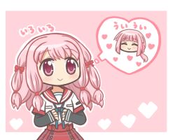 1girl :&gt; bad_id bad_twitter_id blush bow breast_pocket chibi closed_eyes closed_mouth heart imagining kamihama_university_affiliated_school_uniform layered_sleeves long_hair long_sleeves magia_record:_mahou_shoujo_madoka_magica_gaiden mahou_shoujo_madoka_magica neck_ribbon outline pink_background pink_eyes pink_hair plaid_clothes plaid_skirt pocket red_sailor_collar red_skirt reverse_(bluefencer) ribbon sailor_collar school_uniform serafuku shirt short_over_long_sleeves short_sleeves sidelocks simple_background skirt smile solo speech_bubble tamaki_iroha tamaki_ui thought_bubble white_outline white_shirt