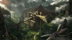 Rule 34 | ancient mayan, bridge, bug, dragonfly, highres, insect, jungle, mayan, mountain, nature, pyramid (structure), river, ruins, temple