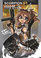 1girl :d animal_ear_fluff animal_ears bare_shoulders black-framed_eyewear black_bodysuit blue_eyes bodysuit bodysuit_under_clothes brown_gloves brown_hair cat_ears cat_girl cat_tail commentary_request dual_wielding english_text fingerless_gloves full_body gloves green_nails grey_shoes hair_ornament hairclip highres holding holding_weapon long_hair looking_at_viewer magazine_(weapon) nail_polish nancou_(nankou) open_mouth original semi-rimless_eyewear shoes short_shorts shorts smile solo tail trigger_discipline under-rim_eyewear vest weapon weapon_request white_shorts white_vest