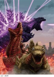 absurdres atomic_breath blood border breath_weapon building city claws cloud day destruction energy energy_beam fire giant giant_monster gills glowing glowing_gills glowing_spikes godzilla godzilla_(series) highres japanese_text kaida_yuji kaiju looking_at_viewer monster mouth_beam no_humans official_art open_mouth plasma plasma_beam sharp_teeth shin_godzilla skyscraper smoke spike_beam spikes steam teeth toho tongue transformation transparent_border white_eyes