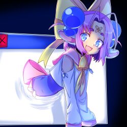 1girl absurdres animal_ears antenna_hair bandaid bandaid_on_face bell blue_eyes bow dolly_(dollymemeko) dollymemeko fang hair_bobbles hair_ornament highres neck_bell one-piece_swimsuit open_mouth original purple_hair sailor_collar short_twintails solo swimsuit twintails