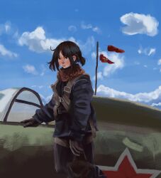 1girl aircraft airplane androgynous black_hair blue_jacket blue_sky blush career_mammoth chest_harness cloud cloudy_sky cockpit flag flagpole fur_collar glass_cockpit gloves grey_eyes harness hearts_of_iron highres jacket messy_hair military_vehicle oil_painting_(medium) open_cockpit painting_(medium) pilot pilot_uniform red_flag red_star short_hair sky solo soviet soviet_air_force star_(symbol) the_new_order:_last_days_of_europe traditional_media