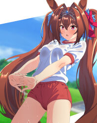 1girl bow brown_hair buruma crown daiwa_scarlet_(umamusume) fang hair_between_eyes hair_bow hair_intakes highres lhofi long_hair open_mouth own_hands_together purple_eyes red_bow red_buruma shirt short_sleeves sidelocks skin_fang solo stretching sweat t-shirt twintails umamusume wet wet_clothes wet_shirt white_shirt