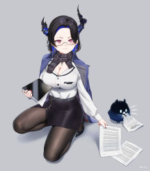 Rule 34 | 1girl, asymmetrical horns, beleven, black hair, black horns, black pantyhose, black scarf, black skirt, blue hair, blue jacket, breasts, cleavage, closed mouth, colored inner hair, commentary, earrings, english commentary, glasses, grey background, highres, holding, holding paper, holding tablet pc, hololive, hololive english, horns, jacket, jacket on shoulders, jailbird (nerissa ravencroft), jewelry, kneeling, large breasts, looking at viewer, mole, mole under eye, multicolored hair, nerissa ravencroft, nerissa ravencroft (casual), office lady, official alternate costume, official alternate hairstyle, pantyhose, paper, pink eyes, plaid clothes, plaid scarf, scarf, semi-rimless eyewear, shirt, skirt, tablet pc, virtual youtuber, white shirt