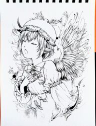 Rule 34 | 1girl, animal ears, bird ears, bird wings, closed eyes, dress, earrings, feathered wings, fingernails, frilled sleeves, frills, greyscale, hat, jewelry, long fingernails, long sleeves, millipen (medium), monochrome, mystia lorelei, nail polish, open mouth, pen (medium), photo (medium), rinka (nxes4835), sharp fingernails, short hair, single earring, sleeve garter, solo, touhou, traditional media, upper body, winged hat, wings