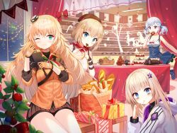 4girls aa-12_(girls&#039;_frontline) absurdres aqua_eyes bags_under_eyes baguette basket bell beret blonde_hair blue_dress blue_eyes blush box bread breasts cake candy chocolate chocolate_bar christmas dessert dinergate_(girls&#039;_frontline) donut dress eating flag_print fluffy_hair fnc_(girls&#039;_frontline) food food_in_mouth gift gift_box girls&#039;_frontline gloves grey_hair hair_ornament hat head_rest highres hood hoodie italian_flag italian_flag_print jingle_bell lollipop long_hair looking_at_viewer messy_hair miniskirt multiple_girls niji_(rudduf232) one_eye_closed orange_gloves pizza pizza_slice pleated_skirt red_eyes s.a.t.8_(girls&#039;_frontline) sitting skirt smile spas-12_(girls&#039;_frontline)