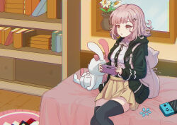 1girl absurdres animal_bag bed bookshelf breasts brown_hair cat_bag collared_shirt danganronpa_(series) danganronpa_2:_goodbye_despair flipped_hair hair_ornament handheld_game_console highres holding holding_handheld_game_console hood jacket long_sleeves medium_hair monomi_(danganronpa) nanami_chiaki neck_ribbon open_clothes open_jacket pink_bag pink_eyes pink_ribbon pleated_skirt ribbon shirt skirt solo spaceship_hair_ornament thighhighs white_shirt