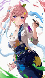 Rule 34 | 1girl, absurdres, airani iofifteen, airani iofifteen (1st costume), badge, blue hair, blue overalls, blue pants, blush, bow, breasts, button badge, closed mouth, collarbone, commentary, cowboy shot, denim, gradient hair, green bow, green hairband, hair bun, hairband, highres, holding, holding paintbrush, hololive, hololive indonesia, jeans, medium breasts, medium hair, multicolored hair, niztix, overalls, paint, paint on clothes, paint splatter, paint splatter on face, paint tube, paintbrush, palette hair ornament, pants, pink bow, pink hair, pink hairband, polka dot, polka dot bow, polka dot hairband, ponytail, purple eyes, scrunchie, shirt, sidelocks, simple background, single off shoulder, smile, solo, standing, striped bow, two-tone bow, two-tone hair, two-tone hairband, virtual youtuber, white background, white shirt, wrist scrunchie