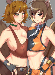 2girls animal_ears bare_shoulders belt blazblue breast_press breasts brown_eyes brown_hair crop_top crossover fingerless_gloves gloves green_eyes k_irvine3 lips looking_at_viewer makoto_nanaya marvel marvel_rivals microskirt multiple_girls short_hair shorts skirt sleeveless squirrel_ears squirrel_girl_(marvel) squirrel_girl_(marvel_rivals) squirrel_tail tail underboob