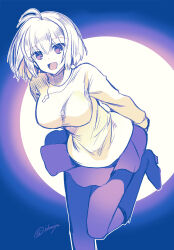 1girl :d ahoge alternate_breast_size arcueid_brunestud arms_behind_back boots breasts floating_clothes floating_hair full_moon highres izumiya_otoha jewelry large_breasts leg_lift looking_at_viewer moon necklace open_mouth pantyhose red_eyes short_hair skirt smile standing standing_on_one_leg sweater tsukihime tsukihime_(remake) turtleneck turtleneck_sweater white_sweater