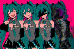 Rule 34 | 1girl, ^ ^, absurdres, aqua eyes, aqua hair, aqua necktie, bare shoulders, belt, black skirt, closed eyes, commentary, detached sleeves, digital dissolve, eiku, empty eyes, glitch, grey shirt, hair between eyes, hand on own chest, hatsune miku, headphones, headset, highres, long hair, long sleeves, looking at viewer, loose belt, multiple views, necktie, no mouth, open mouth, partially shaded face, pink background, pleated skirt, progression, shaded face, shirt, sidelocks, skirt, smile, solo, twintails, variations, very long hair, vocaloid