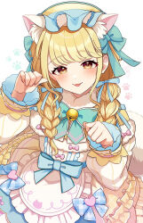 1girl animal_ears animal_hands apron bell blonde_hair blue_ribbon blush braid cat_ears cat_paws dress frilled_dress frills fujita_kotone fur-trimmed_dress fur_trim gakuen_idolmaster hat highres idolmaster jingle_bell long_hair long_sleeves looking_at_viewer ribbon sakura_ran simple_background smile solo tongue tongue_out twin_braids waist_apron yellow_eyes