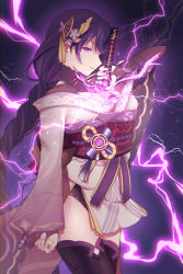 Rule 34 | 1girl, absurdres, artistic error, braid, breasts, cleavage, flower, genshin impact, hair ornament, highres, holding, japanese clothes, kimono, large breasts, long hair, looking at viewer, low-braided long hair, low-tied long hair, mole, mole under eye, obi, purple eyes, purple flower, purple hair, purple kimono, purple thighhighs, raiden shogun, raimone26, sash, solo, thighhighs, very long hair, wrong hand