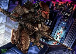 alien arm_blade armor building city city_lights cityscape combistick dreadlocks fishnets gauntlets helmet laser_sight mandibles mask muscular night pauldrons predator_(character) predator_(series) rooftop shoulder_armor shoulder_cannon sky skyscraper thigh_armor weapon wrist_blades wswc8755