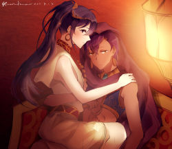 10s 2boys arabian arabian_clothes bad_id bad_pixiv_id clothes dark-skinned_male dark_skin earrings ensemble_stars! harem_outfit highres jewelry kanzaki_souma kleinlight lap long_hair looking_at_viewer looking_back male_focus multiple_boys otogari_adonis pale_skin ponytail profile purple_eyes purple_hair signature sitting straddling upright_straddle yellow_eyes