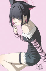 1girl absurdres alternate_costume animal_ears bare_shoulders black_hair black_shirt black_shorts blue_archive blunt_bangs blunt_ends blush cat_ears cat_girl closed_mouth colored_inner_animal_ears colored_inner_hair from_side fur_trim hair_behind_ear hair_ornament hairclip highres jewelry kazusa_(blue_archive) looking_at_viewer multicolored_hair multiple_rings off-shoulder_shirt off_shoulder pink_eyes pink_hair pink_sleeves qtian ring shirt short_hair short_shorts shorts sidelocks smile solo striped_clothes striped_shirt thigh_strap two-tone_hair