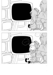 Rule 34 | ..., 2girls, absurdres, bang dream!, bang dream! it&#039;s mygo!!!!!, capelet, chinese commentary, commentary request, controller, e-fa-dorn, greyscale, hat, highres, long hair, long sleeves, looking at another, monochrome, mortis (bang dream!), mortis (costume) (bang dream!), mortis (persona) (bang dream!), multiple girls, mutsumi/mortis headspace, remote control, see-through clothes, see-through sleeves, sitting, spoken ellipsis, wakaba mutsumi, wakaba mutsumi (doll), watching television