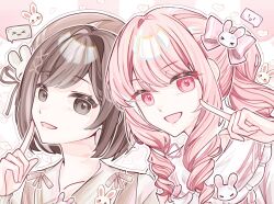 &gt;_&lt; 1girl 1other :d akiyama_mizuki bob_cut bow brown_bow brown_eyes brown_hair brown_shirt chinese_commentary collarbone collared_shirt commentary_request drill_hair drill_ponytail drill_sidelocks finger_to_cheek flower frilled_shirt_collar frills hair_bow hair_intakes hair_ornament hand_up high_ponytail index_finger_raised long_hair long_sleeves looking_at_viewer open_mouth outline pink_background pink_bow pink_eyes pink_hair ponytail portrait project_sekai qitanicheng041 rabbit_hair_ornament shinonome_ena shirt short_hair sidelocks smile spoken_expression swept_bangs two-tone_background white_background white_flower white_outline white_shirt x_hair_ornament