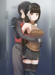 Rule 34 | 1boy, 1girl, bare shoulders, black gloves, black hair, black hat, black skirt, blush, breasts, brown hair, brown pants, commander (girls&#039; frontline), elbow gloves, from side, girls&#039; frontline, girls&#039; frontline 2: exilium, gloves, grumbler2393, hand on another&#039;s shoulder, hat, hetero, heterochromia, highres, hug, hug from behind, jacket, long hair, looking at viewer, looking back, medium breasts, miniskirt, multicolored hair, pants, pleated skirt, red eyes, ro635 (girls&#039; frontline), robella (girls&#039; frontline 2), short hair, skirt, sleeveless, sleeveless turtleneck, smile, streaked hair, thigh strap, turtleneck, twintails, two-tone hair, very long hair, white hair, yellow eyes