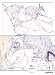 ! 2girls bang_dream! bang_dream!_it&#039;s_mygo!!!!! between_breasts black_ribbon blonde_hair blue_hair blush breasts closed_mouth commentary_request face_between_breasts grabbing_another&#039;s_breast groping hair_ribbon head_between_breasts korean_commentary korean_text long_hair lying_on_person medium_hair misumi_uika multiple_girls qjadlbum ribbon short_sleeves speech_bubble spoken_exclamation_mark thought_bubble togawa_sakiko translation_request two_side_up yuri