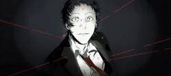 1boy adachi_tooru black_background collared_shirt commentary constricted_pupils film_grain hashtag-only_commentary highres jacket laser_sight light_smile male_focus necktie open_clothes open_jacket parted_lips persona persona_4 red_necktie shirt short_hair solo spot_color suit_jacket upper_body wing_collar xmjlwhy4i5ejkod