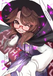 Rule 34 | 1girl, absurdres, black cape, black hat, brown eyes, buttons, cape, card, gloves, hat, highres, long sleeves, looking at viewer, mizuki 0630, one eye closed, parted bangs, plaid clothes, plaid skirt, plaid vest, purple skirt, purple vest, red-framed eyewear, runes, shirt, sidelocks, skirt, smile, solo, touhou, usami sumireko, vest, white gloves, white shirt