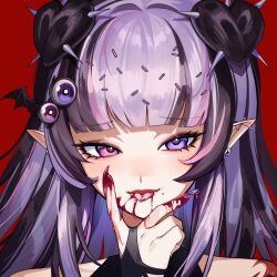 Rule 34 | 1girl, bare shoulders, black hair, blood, blood on face, blood on hands, blood on tongue, commentary, double bun, ear piercing, english commentary, erinartista, eye hair ornament, eyelashes, fangs, fangs out, fingernails, hair bun, hair ornament, hand to own mouth, hand up, heart hair bun, heterochromia, highres, indie virtual youtuber, light blush, long fingernails, long hair, looking at viewer, multicolored hair, nail polish, piercing, pink eyes, pink streaks, pointy ears, portrait, purple eyes, purple hair, purple nails, red background, red lips, second-party source, simple background, smile, solo, spikes, sprinkle hershy, sprinkles, streaked hair, tongue, tongue out, virtual youtuber