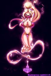 1girl absurdres alex_cherrygum arabian_clothes arm_behind_head bare_arms bare_legs bare_shoulders belly_dancer blonde_hair bottle bra breasts chain cleavage commission female_focus genie gold hachimitsu-ink harem_outfit high_ponytail highres jewelry large_breasts lightning long_hair midriff mouth_veil navel open_mouth orange_eyes original pink_bra ponytail smile solo stargizar thong underwear veil watermark wide_hips