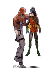 2boys bad_anatomy bad_leg batman_(series) batman_symbol black_cape black_hair boots brothers brown_jacket cape child clothes_grab damian_wayne dc_comics domino_mask eye_contact gloves grabbing_another&#039;s_ear green_boots green_gloves hand_on_another&#039;s_ear holding holding_by_the_ears hood hooded_cape jacket jason_todd jjmk-jjmk looking_at_another male_focus mask multiple_boys puff_of_air red_hood_(dc) short_hair siblings signature simple_background superhero_costume white_background