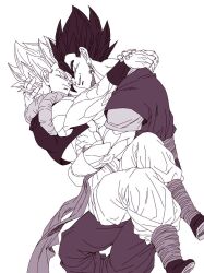 2boys abs arms_on_another&#039;s_shoulder closed_mouth cropped_vest dougi dragon_ball dragon_ball_super dragon_ball_super_broly earrings face-to-face from_side gloves gogeta greyscale half-closed_eyes hand_on_another&#039;s_head hands_on_another&#039;s_waist hug jewelry looking_at_another male_focus medium_hair metamoran_vest monochrome multiple_boys muscular muscular_male no_shirt open_clothes open_vest pants parted_lips pectoral_cleavage pectorals potara_earrings sash shirt shirtless_male sitting sitting_on_lap sitting_on_person smile smug spiked_hair super_saiyan trait_connection undershirt vegetto vest wrist_cuffs yaoi