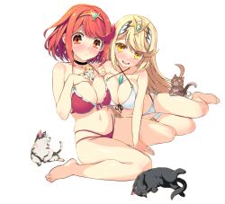 alternate_costume bikini blonde_hair breasts cat cleavage highres large_breasts multiple_girls mythra_(xenoblade) pyra_(xenoblade) red_eyes red_hair swimsuit watsuki_ayamo xenoblade_chronicles_(series) xenoblade_chronicles_2 yellow_eyes
