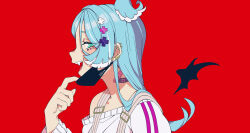 Rule 34 | 1girl, alternate species, aqua eyes, arm at side, bandaid, bandaid on neck, bat wings, ben-day dots, black mask, black wings, blue eyes, blue hair, blue wings, breasts, character name, clothes writing, colored tips, commentary, cross-shaped pupils, curled fingers, detached wings, double vertical stripe, ear piercing, earrings, elira pendora, elira pendora (1st costume), english commentary, evil grin, evil smile, eyebrows hidden by hair, facial mark, fangs, finger to own chin, from side, gold earrings, grin, hair between eyes, hair intakes, hair ornament, hair over shoulder, hair wings, half-closed eyes, halloween, hand up, head wings, highres, jewelry, karassawa, long eyelashes, long hair, looking at viewer, looking to the side, mask, mask pull, mouth mask, multicolored hair, multiple piercings, narrowed eyes, nijisanji, nijisanji en, off-shoulder sweater, off shoulder, open mouth, overalls, parted bangs, piercing, portrait, print mask, profile, raised eyebrows, raised inner eyebrows, red background, screentones, sidelocks, simple background, single bare shoulder, single off shoulder, smile, solo, spike piercing, streaked hair, sweater, symbol-shaped pupils, teeth, thick eyelashes, tongue, two-tone hair, two-tone wings, upper teeth only, vampire, virtual youtuber, white hair, white overalls, white streaks, white sweater, white wings, wings