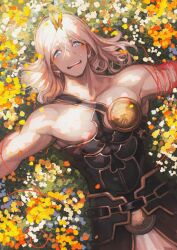 1boy :d blonde_hair blue_eyes bug butterfly butterfly_on_head clothing_request cowboy_shot double-parted_bangs fate/grand_order fate_(series) field flower flower_field from_above game_cg greco-roman_clothes hair_between_eyes insect long_hair_between_eyes lying male_focus medium_hair official_art on_back open_mouth outdoors outstretched_arms pectorals petals shimadoriru single_bare_arm smile solo theseus_(fate) third-party_source thread toned toned_male yarn yellow_butterfly