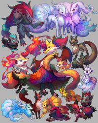 :d alolan_form alolan_ninetales alternate_color animal_ear_fluff braixen claws closed_mouth delphox fangs fennekin fire furry gen_1_pokemon gen_5_pokemon gen_6_pokemon gen_7_pokemon gen_8_pokemon green_eyes grey_background highres holding holding_stick looking_back lying nickit ninetales nintendo on_stomach open_mouth pokemon pokemon_(creature) qqqb red_eyes shiny_and_normal shiny_pokemon simple_background smile stick thievul toes tongue zoroark zorua