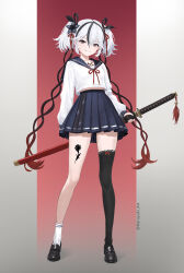 1girl black_eyes black_flower black_hair black_thighhighs camellya_(wuthering_waves) chest_tattoo flower hair_between_eyes hair_flower hair_ornament hair_vines haruyuki_(karem) highres holding holding_sword holding_weapon looking_at_viewer multicolored_hair pleated_skirt red_pupils sailor_collar school_uniform serafuku short_hair single_thighhigh skirt smile solo streaked_hair sword tattoo thighhighs two-tone_background weapon white_hair wuthering_waves